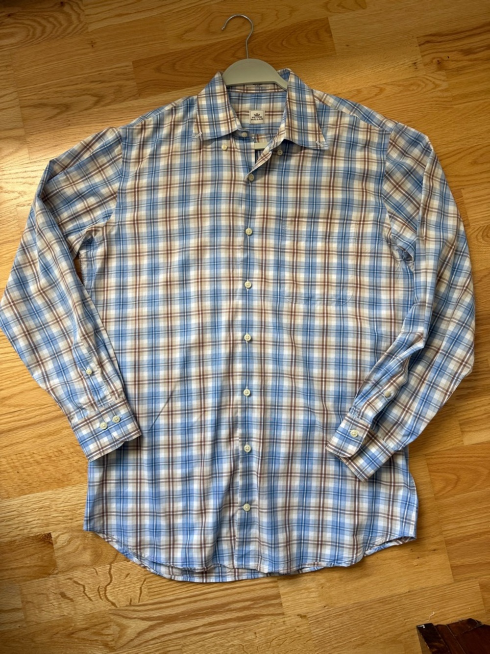 Peter Millar Shirt Men Medium Plaid Blue Brown 100% Cotton Button Down Dress